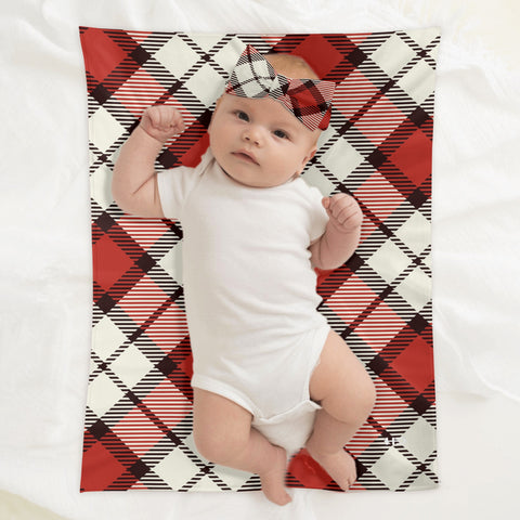 Red Tartan Baby Newborn 3 Pcs for Beanie Baby Hat Hairband Blanket