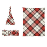 Red Tartan Baby Newborn 3 Pcs for Beanie Baby Hat Hairband Blanket