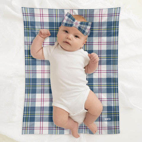 MacPherson Blue/Grey Tartan Baby Newborn 3 Pcs for Beanie Baby Hat Hairband Blanket